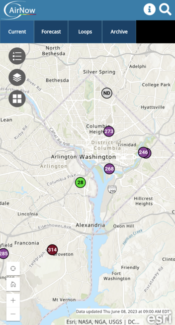 Map of DC area should 4 purple dots in DC, 1 green in Arlington, and 1 maroon in Franconia.