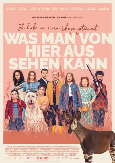 Filmposter: Hintergrund in Altrosa mit einem Dutzend Menschen davor, die als Gruppe zusammen stehen und in die Kamera schauen. Unten rechts ein Okapi, welches den Kopf in unsere Richtung dreht. Davor der Titel: "Was man von hier aus sehen kann"