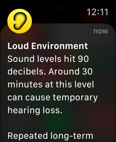A warning from an Apple Watch stating the the sound levels hit above 90 decibels. 