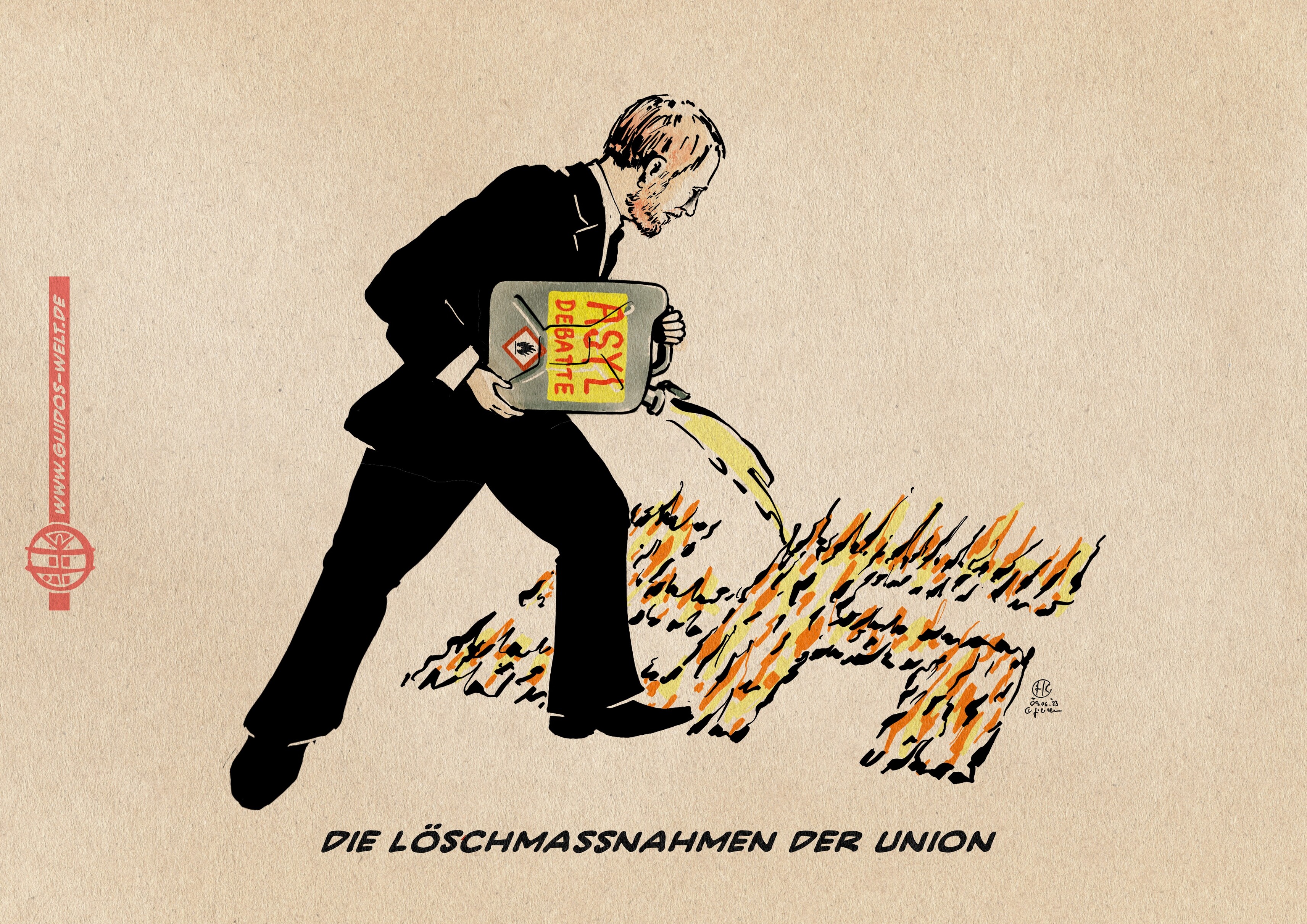 Illustration Kretschmer kippt einen mit Asyldebatte beschrifteten Benzinkanister in ein Feuer in Form eines Hakenkreuzes. Textzeile: die Löschmaßnahmen der Union