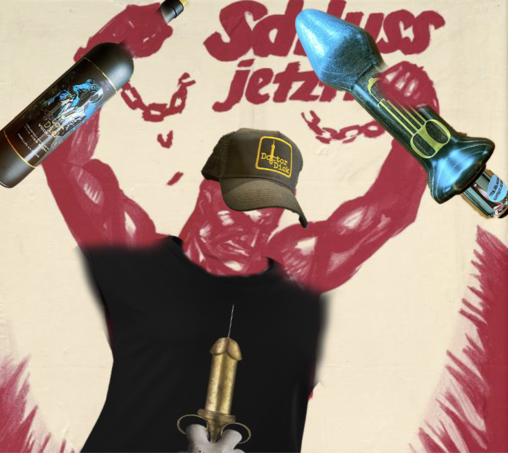 Collage aus Dingen, die man in Lindemanns onlineshop bestellen kann:
Doctor Dick Vodka, einen Anusdehner mit Aufschrift Tilldo, eine Doctor Dick Mütze und ein T-Shirt mit einem Aufdruck mt einer Spritze in Phallus-Form.


Plakat der NSDAP zur Reichstagswahl 1932
Deutschland, 1932
Lithografie
84,3 x 57,9 cm
© Deutsches Historisches Museum, Berlin
Inv.-Nr.: P 57/174

„Sprengt die Ketten von Versailles und macht Schluss mit dem System, das uns der Versklavung preis gab“, lautet die unmissverständliche Aussage des nationalsozialistischen Wahlplakates. Die Nationalsozialisten nutzten bei ihrer Selbstdarstellung gezielt Elemente der sozialistischen Propaganda, um die Arbeiterschaft für sich zu gewinnen. Einmal mehr werden die Farbe der Arbeiterbewegung - Rot - und das Motiv des "starken Mannes" bemüht, der eine unübersehbare Nähe zur Ikonografie des "Riesen Proletariat" der KPD aufweist. Derselbe Entwurf findet sich auf dem Titelblatt einer Rede von Joseph Goebbels zur Reichspräsidentenwahl 1932, die als Broschüre publiziert wurde.