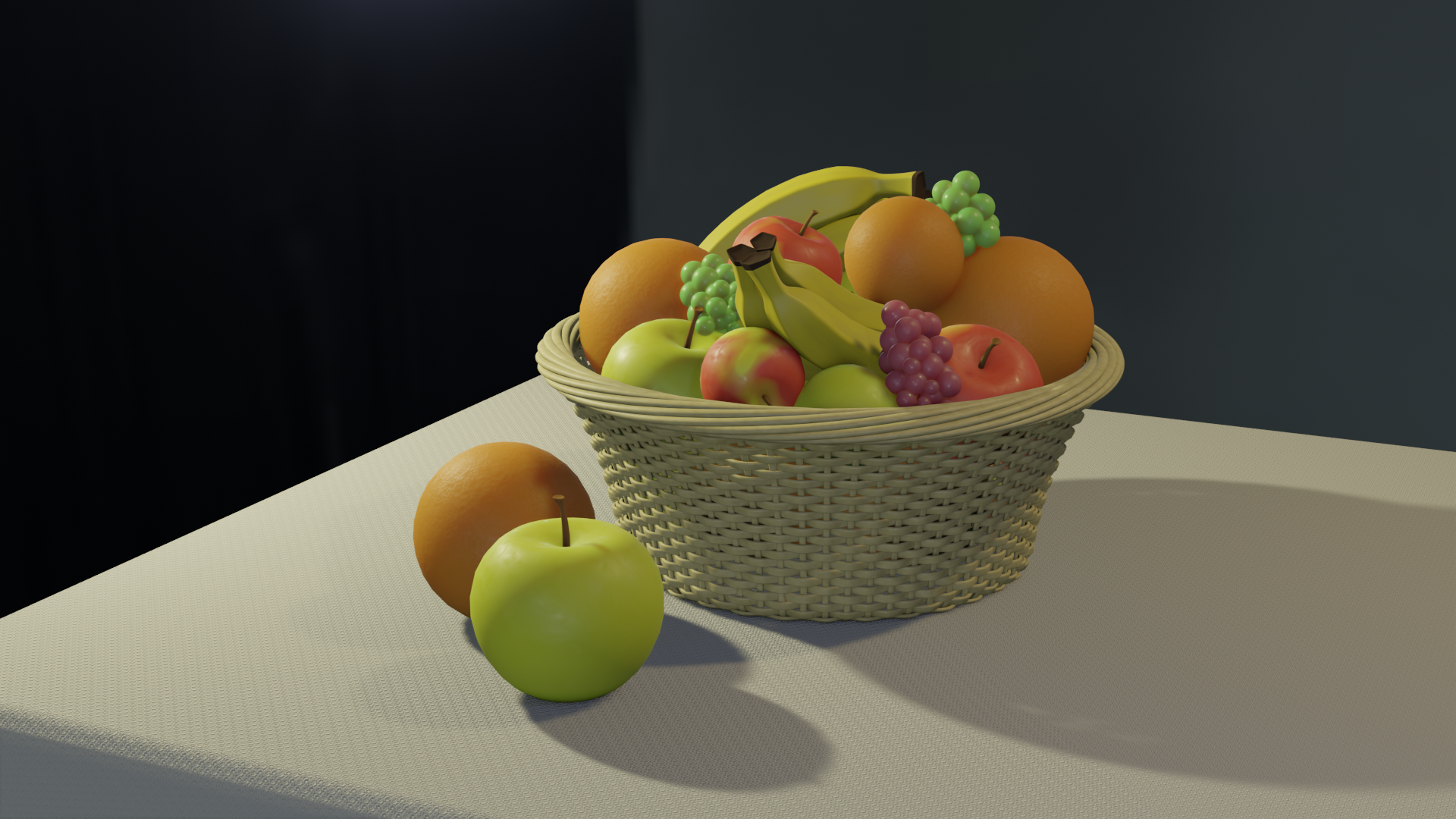 A render of a wicker basket of fruit sitting on a table next to a yellow apple and an orange. Inside the basket are red apples, oranges, yellow apples, green grapes, purple grapes, and bananas.