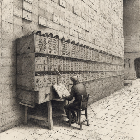 Hollerith punch card machine a prison courtyard. Drawing by Franz Kafka according to Midjourney