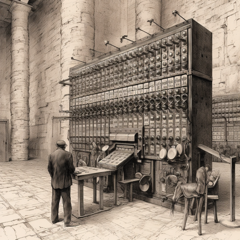 Hollerith punch card machine a prison courtyard. Drawing by Franz Kafka according to Midjourney