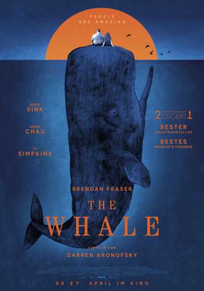 Film poster: Sketch of a blue whale in water, rising the head out of the water. On top of it, a man and a girl sitting side by side, with back heading to us. In Background, an orange colored sun can be seen at horizon.