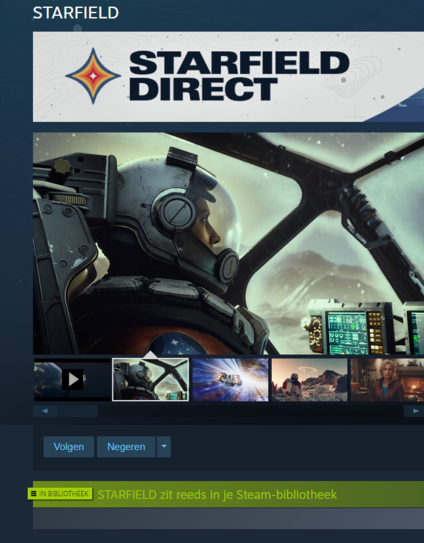 A Screenshot of the steam store page for Starfield, Showin that I've pre-ordered the game with a green bar stating that the game is already in my library, in Dutch.