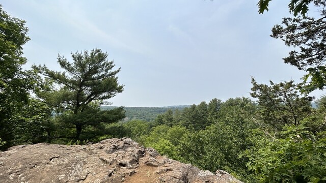 Landscape photo with a scenic view from a rust colored cliff rock covered with dried pine needles and pollen, green deciduous and evergreen trees, green hills in the background and a pale blue sky painted with white cirrus clouds.