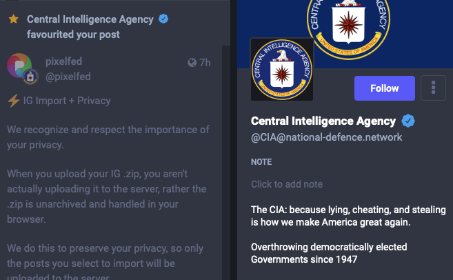 The "CIA" liked Pixelfeds post about IG Import privacy