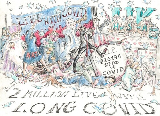 A festive party with people dancing and celebrating on dead bodies, next to a tomb stone that say 226,196 dead of Covid.