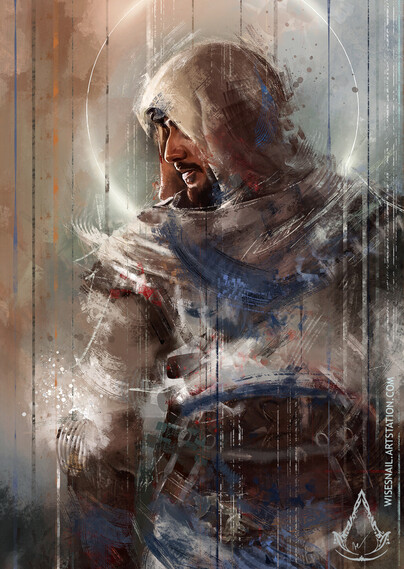 Portrait of Basim. He's looking to the side, showing only his profile. Most of his features are hidden my the traditional assassin hood, and he's wearing assassin garb with a blue shash. A halo surrounds hid head, and the Assassin Creed logo is visible at the bottom of the painting, on the right corner.