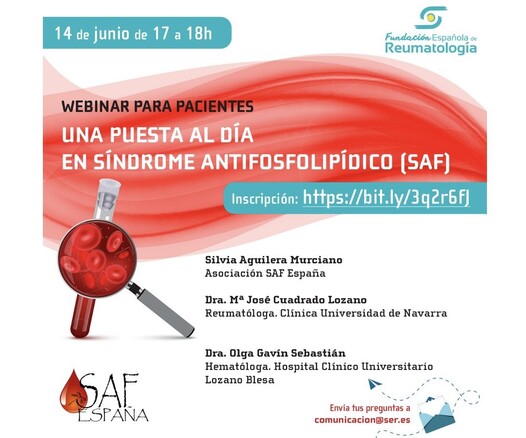 Cartel Webinar para pacientes. Una puesta al día en síndrome antifosfolipídico (SAF) #AltText4Me