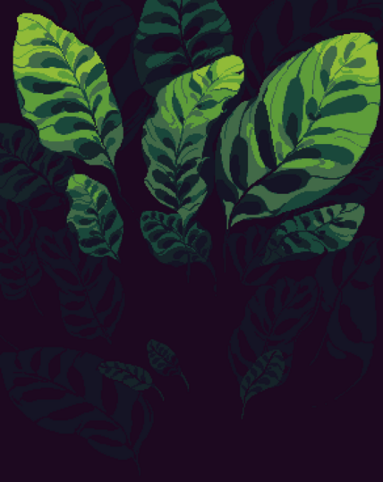 A pixel art of several leaves of a peacock maranta (Calathea makoyana). At the top there are the bigger leaves, and at the bottom, the smaller and younger ones. The art has a dark background and heavy use of ambient lighting, so many of the leaves disappear gradually and mix with the darkness.