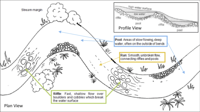 Hand drawn diagram of elements of a river, featuring riffles, pools, and runs. 

Taken from Jonathan E Fuller (2018), "Defining Ordinary and Natural Conditions for State Navigability Determinations"