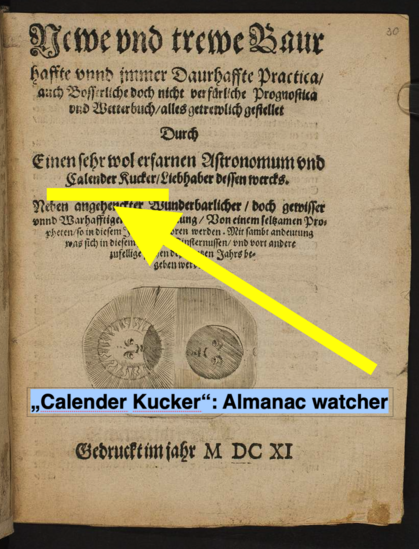 Screenshot of a German print of 1611 (VD17 23:288354B) with the job description "Calender Kucker".