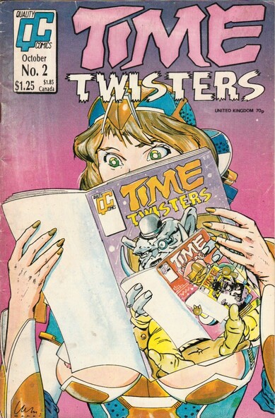 The front cover of Time Twisters No 2 by Alan Moore, Dave Gibbons, Grant Morrison and Steve Dillon, which features an illustration of a young woman reading the same comic, but which has a different person on the cover reading the same comic, but which has a different person on the cover reading the same comic, but which has a different person on the cover reading the same comic...