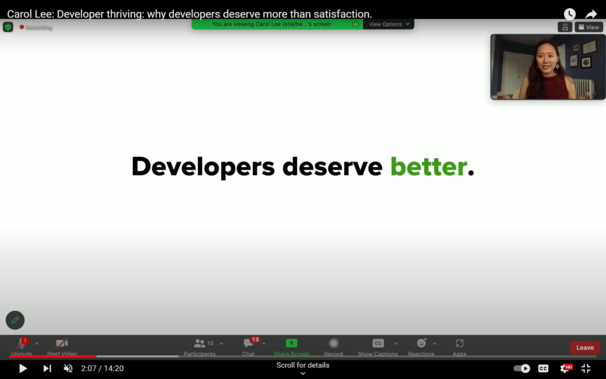 screenshot from talk presentation. slide text reads "developers deserve better"