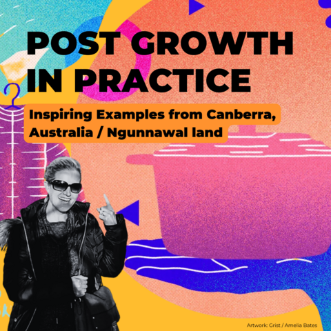 A colorful background with graphics of hands giving a pot and coat along with a cropped black & white cutout of Kathering Trebeck (a white woman with sunglasses pointing up with one hand). The black text reads: "Post Growth in Practice: Inspiring Examples from Canberra, Australia / / Ngunnawal land"