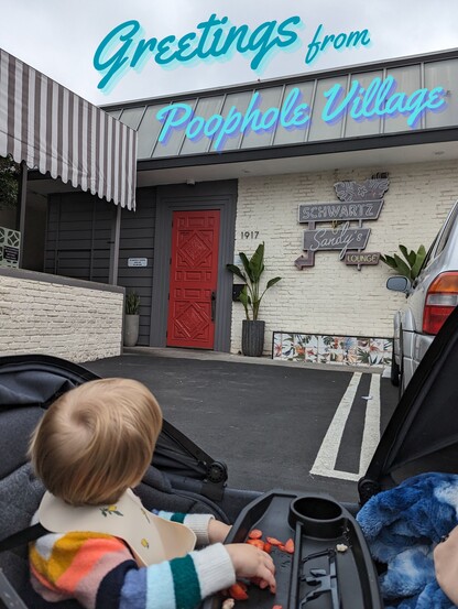 A toddler sits in from of Schwartz & Sandy's Lounge in Franklin Village, Los Angeles, California. The caption "Greetings from Poophole Village" sits at the top.
