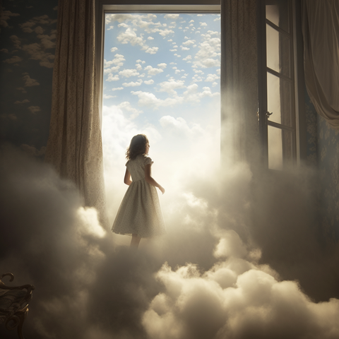 Junge Frau schaut aus einem wolkengefüllten Raum durch ein großes Fenster in einen blauen Wolkenhimmel

Midjourney Prompt: daydream, award winning photo --v 5.1