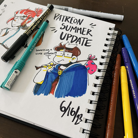 A photo of a drawing in a sketchbook, framed with various markers and pens. The drawing starts with "Patreon Summer Update" written at the top, with an illustration of Emily, a brown haired woman with glasses wearing a large fantasy-like cloak and holding a sack over her shoulder on a stick, saying "something a little different!" Text under the illustration reads "6/16/23." 