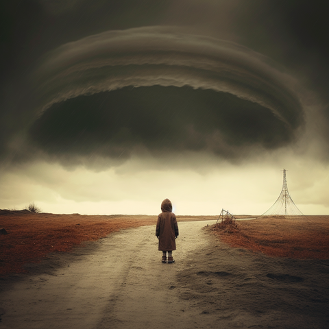 Ein Kind steht auf einem Weg in einer trockenen, tristen Ebene. Am Himmel ist eine kreisrunde, dunklgraue Wolke zu sehen.

Midjourney Prompt: day, award winning photo --v 5.1