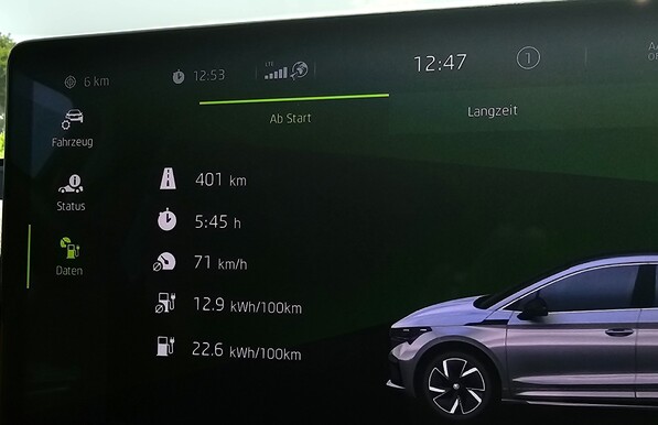 Verbrauchswerte Anzeige auf dem Infotainment System. Wir liegen inzwischen sogar bei nur 12.8 kWh/100km