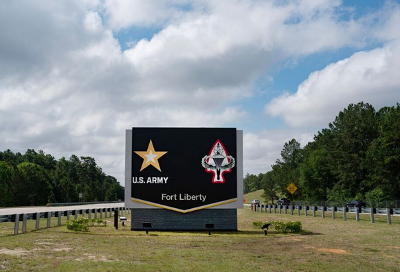 A sign after a ceremony renaming Fort Bragg as Fort Liberty, near Fayetteville, North Carolina, on June 2, 2023