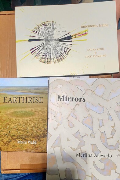 Photo of 'mnemonic trains' by Laura Kerr & Nick Piombino, 'EARTHRISE' by Moira Walsh, & 'Mirrors' by Merlina Acevedo