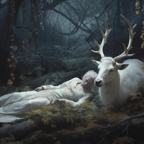 Midjourney Prompt: a young man lying on the ground in an enchanted forest, a lion lies beneath the man :: a white deer in the background --v 5.1