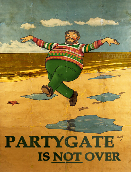 The skipping fisherman from the 'Skegness is so bracing' poster has been changed into the Tory in the ghastly Christmas jumper from the recently leaked Partygate video. The sea is now a lovely shade of brown, and the text reads "Partygate is not over".