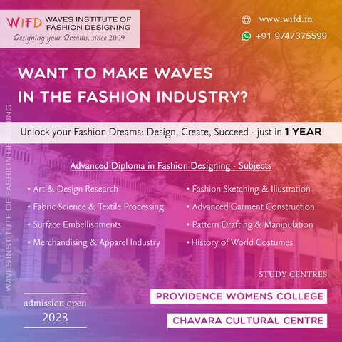 𝐖𝐚𝐧𝐭 𝐭𝐨 𝐦𝐚𝐤𝐞 𝐖𝐚𝐯𝐞𝐬 𝐢𝐧 𝐭𝐡𝐞 𝐅𝐚𝐬𝐡𝐢𝐨𝐧 𝐈𝐧𝐝𝐮𝐬𝐭𝐫𝐲?

If you're passionate about Fashion and dream of creating your own unique style, our 1 Year Advanced Diploma in Fashion Designing course is your gateway to success! Immerse yourself in the world of fabrics, patterns & trends and learn the art of creating stunning designs that leave a lasting impression.

Join us today and unleash your creativity to make waves in the fashion industry! 💃

https://wifd.in/advanced_diploma_course_in_fashion_designing

#FashionDesigningCourse #FashionInstitute #FashionPassion #CreativeExpressions #FashionDreams #FashionWave #FashionIndustry #FashionDesigning #FashionTrends #WIFD #Kozhikode #Calicut #Kerala #FashionEducation #FashionDesign #UnleashYourCreativity