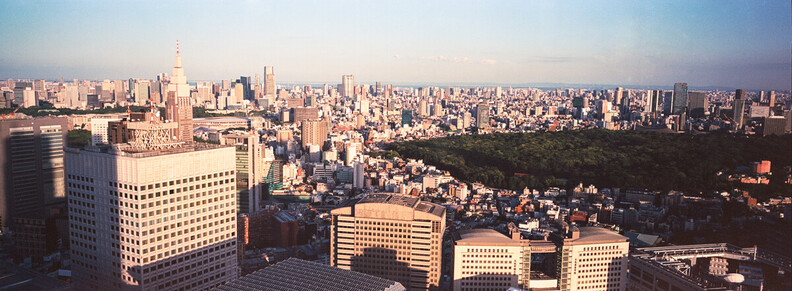 Aerial view of Shinjuku during the golden hour; with Fujifilm TX-1 and Kodak Ektar 100.