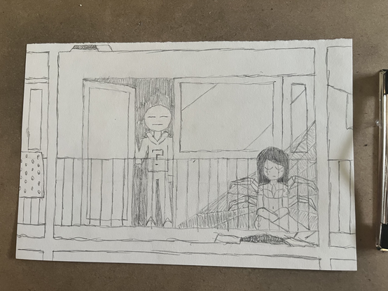 A drawing I made of the same random guy and spider girl on the same balcony but with some differences.