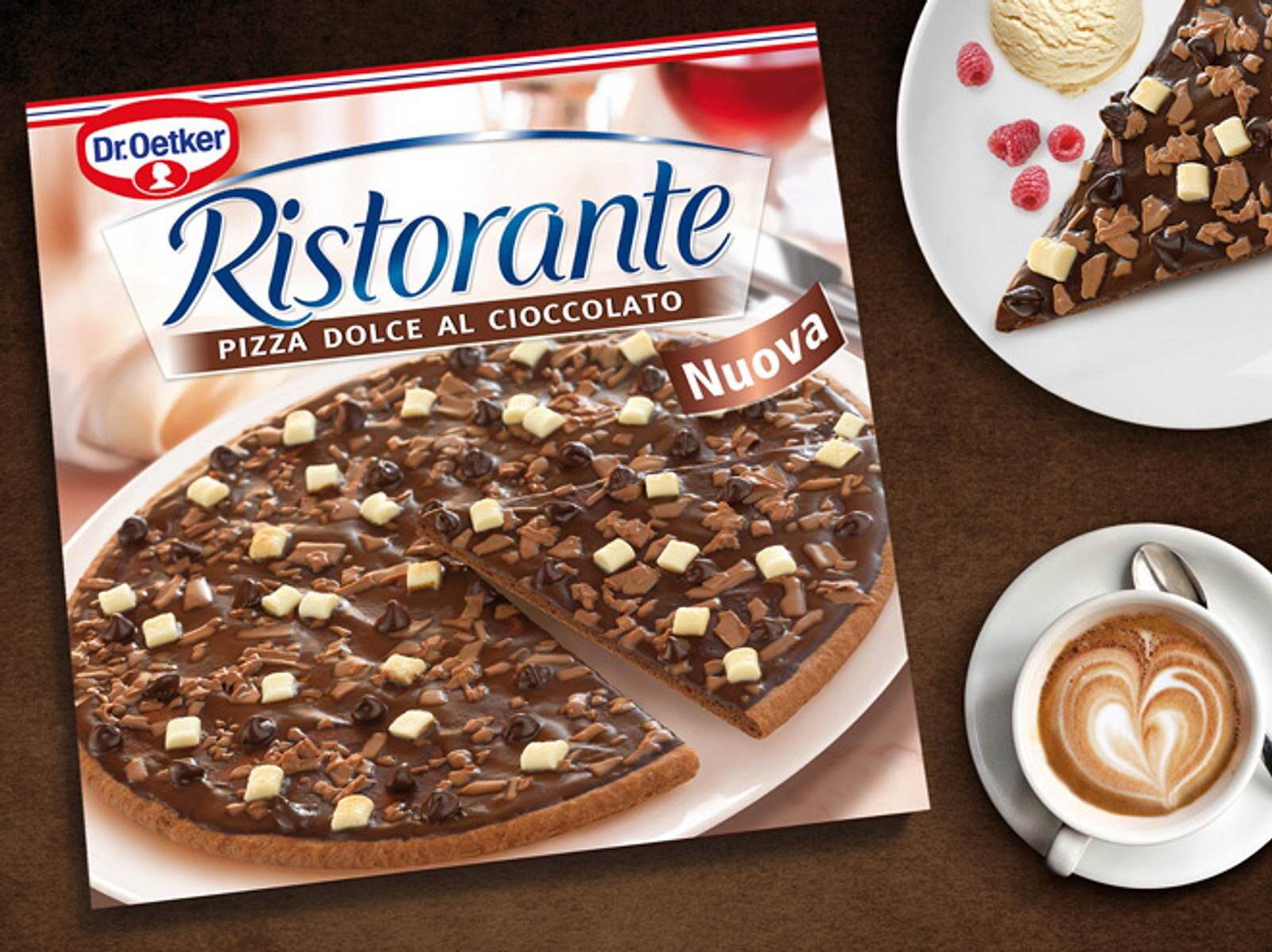 A box of frozen pizza from Dr. Oetker, called Pizza Dolce Al Ciocollato.

It's a pizza topped with chocolate, and I believe bits of butter chunks and maybe some nuts