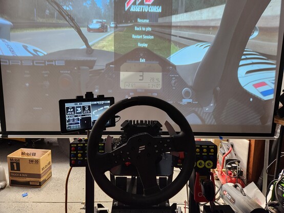 Sim racing steering wheel in front of screen