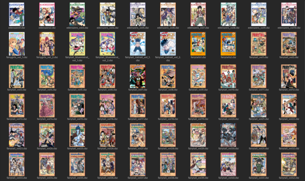 Folder showing manga from Hiro Mashima such as Fairy Tail and Eden's Zero.