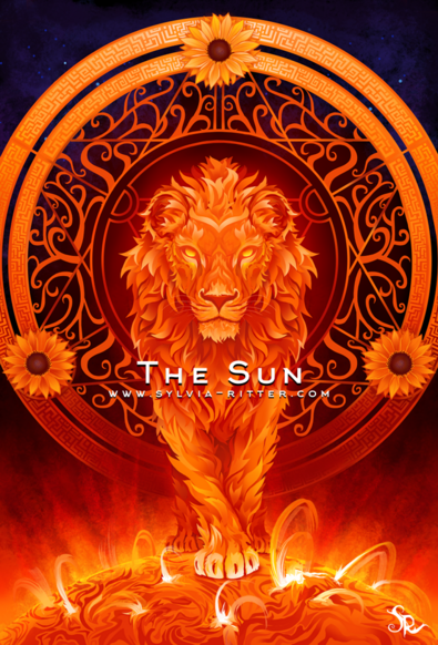 "The Sun" tarot card. https://www.deviantart.com/sylviaritter/art/The-Sun-734198002 A fire lion portrait. It is walking on the hot and flamy sun. Surrounded by three sunflowers and intricate patterns showing several geometric patterns. In the background we the stars and the dark universe. 