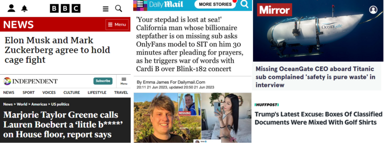Headlines: Elon Musk and Mark Zuckerberg agree to hold cage fight. Marjorie Taylor Greene calls Lauren Boebert a “a little bitch” on house floor. Missing OceanGate CEO aboard Titanic sub complained “safety is pure waste.” Trump's latest Excuse: Boxes of Classified Documents Were Mixed With Golf Shirts.  California man whose billionaire stepfather is on missing sub asks Only Fans model to sit on him 30 minutes after pleading for prayers. 
