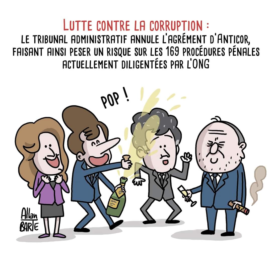 Titre du dessin : Lutte contre la corruption : le tribunal administratif annule l’agrément d’Anticor, faisant ainsi peser un risque sur les 169 procédures pénales actuellement diligentées par l’ONG Dessin : Tous hilares et joyeux, Schiappa, Macron, Darmanin et Dupond-Moretti, sabrent le champagne ! 