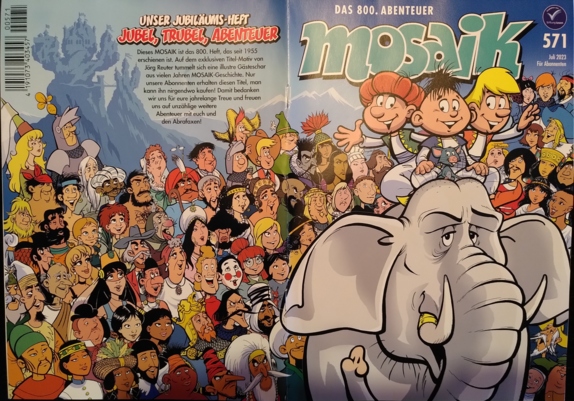 Die Vorder- und Rückseite eines Comic-Heftes. Blau gehaltener Hintergrund und eine Menge Figuren versammelt, die zu den Abrafaxen, welche auf einem Elefanten reiten, schauen. Abrax, Babrax und Califax winken und schauen zu uns. Die Ratte ist natürlich auch dabei. Oben der Titel "mosaik" in hellblauer Schrift.
