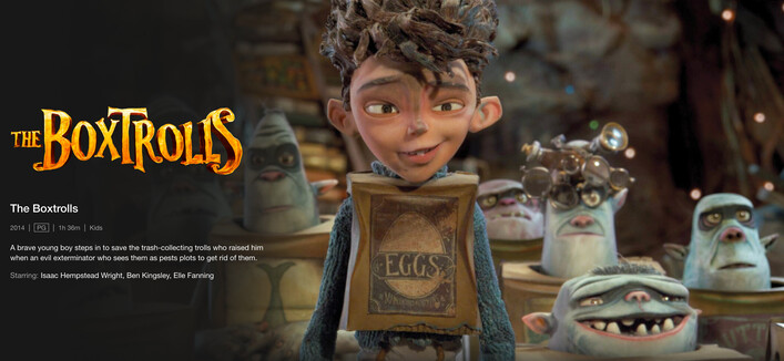promo image for THE BOXTROLLS movie

features a boy wearing a box labeled "EGGS" and some troll looking figures.

a stop-motion / CG / puppet hybrid movie, apparently - from 2014