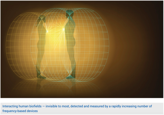 Graphic image showing two humans facing each other and the overlapping of their biofield.