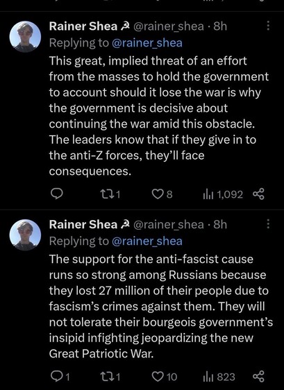 This great, implied threat of an effort from the masses to hold the government to account should it lose the war is why the government is decisive about continuing the war amid this obstacle. The leaders know that if they give in to the anti-Z forces, they’ll face consequences.

The support for the anti-fascist cause runs so strong among Russians because they lost 27 million of their people due to fascism’s crimes against them. They will not tolerate their bourgeois government’s insipid infighting jeopardizing the new Great Patriotic War.

