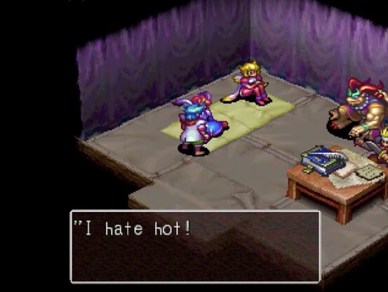 A screenshot from the Playstation 1 game Breath of Fire 3, featuring the cast gathered in a tent, in the middle of the desert, and one of the characters is saying "I hate hot!"