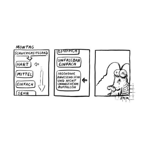 Montag:  Panel 1  Schwierigkeitsgrad -> es wird gewählt und gescrollt von hart, mittel, einfach, sehr …  Panel 2  … sehr einfach, unfassbar einfach bis endlich die Einstellung folgt: „Irgendwie anwesend sein und nicht unangenehm auffallen“  Panel 3  Gerd schaut extrem müde mit dem Controller in den Händen.