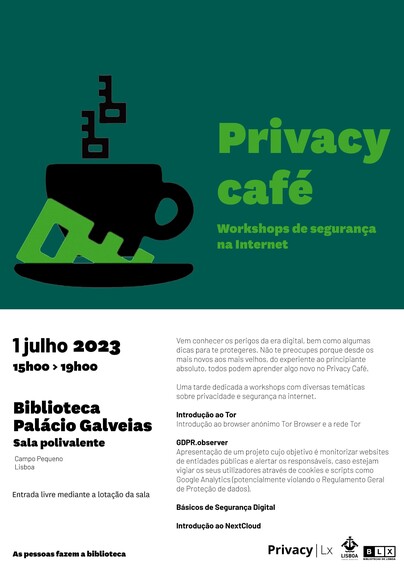 1 julho | Privacy Café: Workshops de Segurança na Internet

O evento terá início às 15 horas e terminará por volta das 19 horas. Não será necessária inscrição prévia, o evento é gratuito e podes aparecer a qualquer altura. As sessões típicamente começam à hora (por exemplo, às 15h, outra às 16h, etc.)

Data: Sábado, 1 de Julho de 2023
Time: 15:00 - 19:00
Local: Biblioteca das Galveias