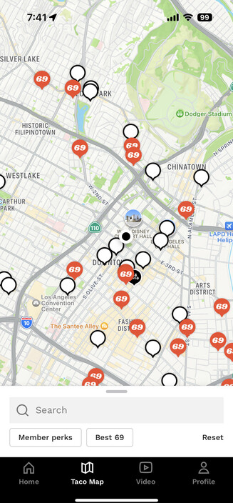 Screenshot of the taco map from the LA Taco app.
