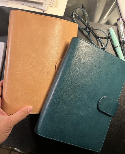 Deep teal and apricot leather A5 planner covers by Moterm