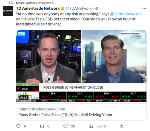 A Tweet published on the TD Ameritrade Network Twitter account which features a quote from Ross Gerber describing the FSD Beta-active drive sequence mentioned in this Toot Thread.

The Tweet states:

"At no time was anybody at risk of crashing," says Ross Gerber on his viral FSD Beta test video: "Out video will show an hour of incredible full self driving."