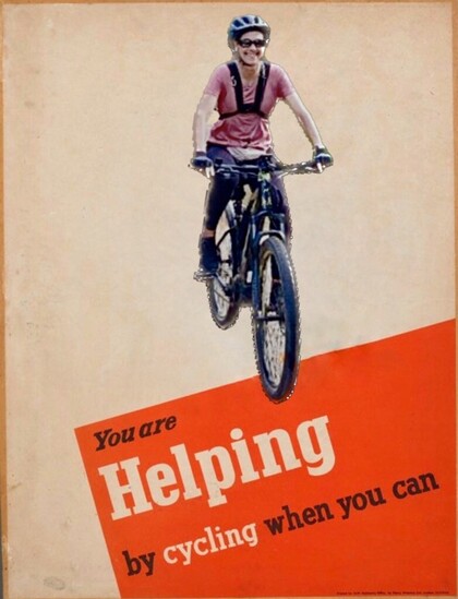 Me cycling on my eMTB. I wear helmet and gloves, sunglasses and I’m smiling. The background is tan colored and the bottom is bright orange and reads in black and white with various fonts and sizes “you are helping by cycling when you can”
